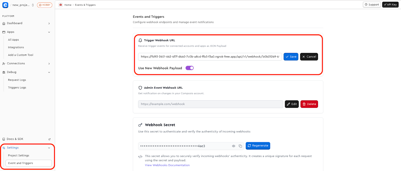 Example configuration in Composio's "Events and Triggers" feature