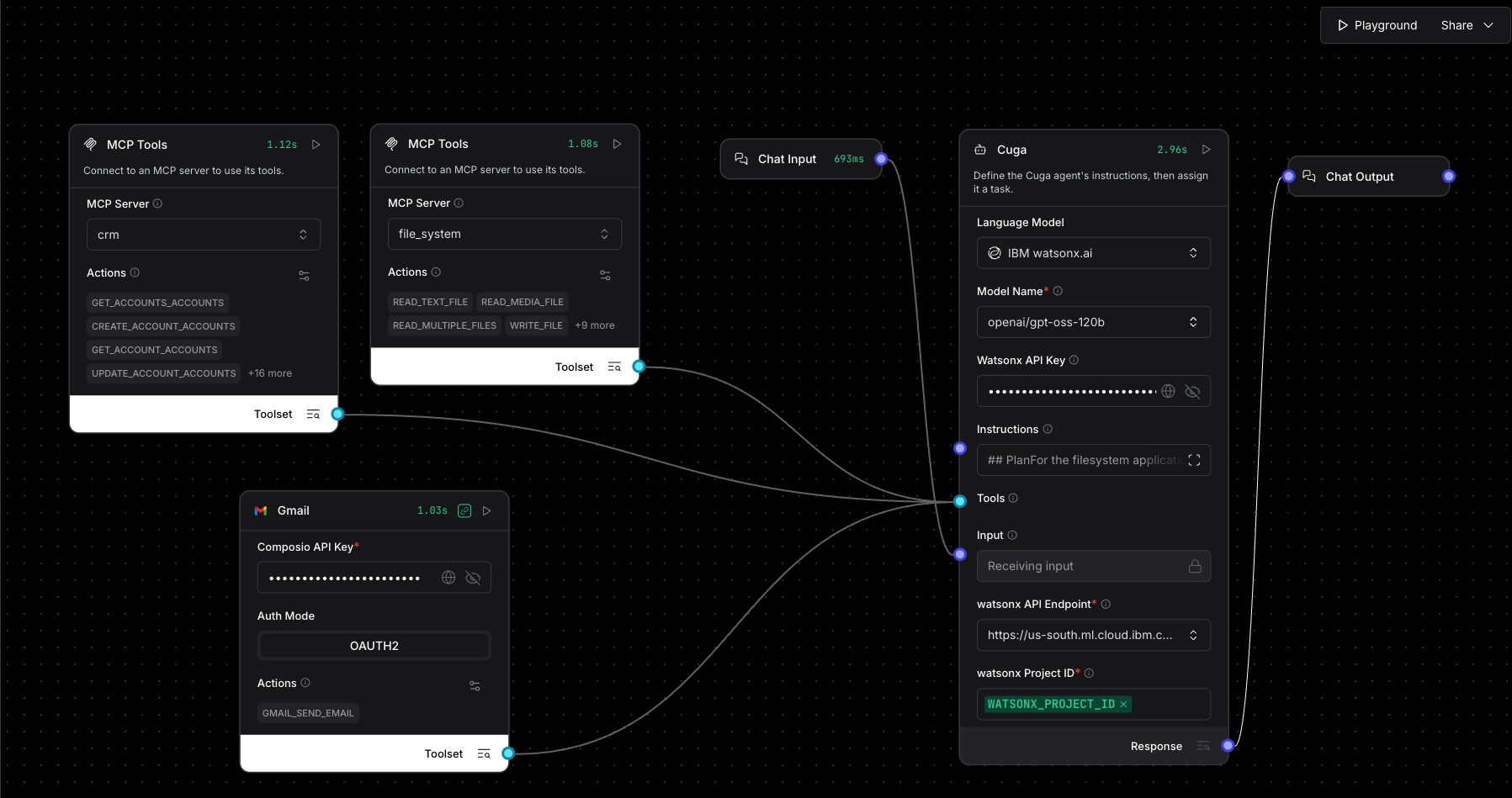 Configuring CUGA in Langflow to use tools from CRM MCP, file system MCP, and Gmail