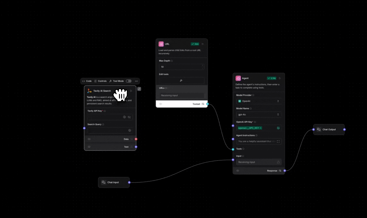 Toggling the Tavily AI Search component into Tool Mode