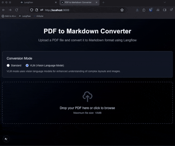 An animation showing the app in action. Dragging a PDF onto the app results in the flow parsing out the markdown and showing it on screen.